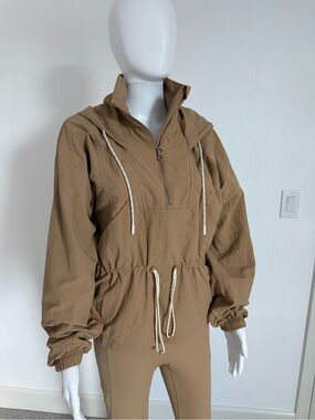 Calia Windbreaker Utility Anorak Jacket in Tan Drawstring waist
